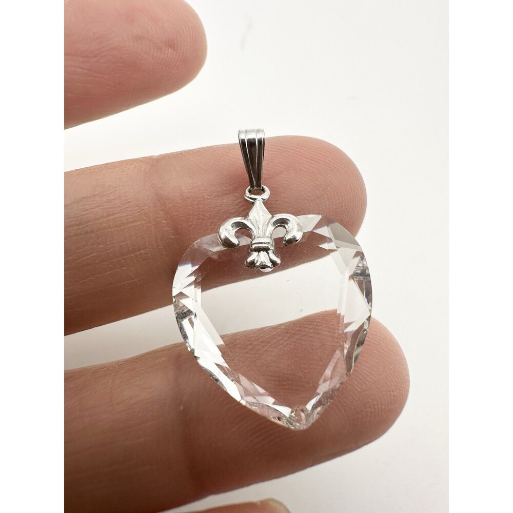 Vintage Heart Crystal Fleur De Lis Pendant